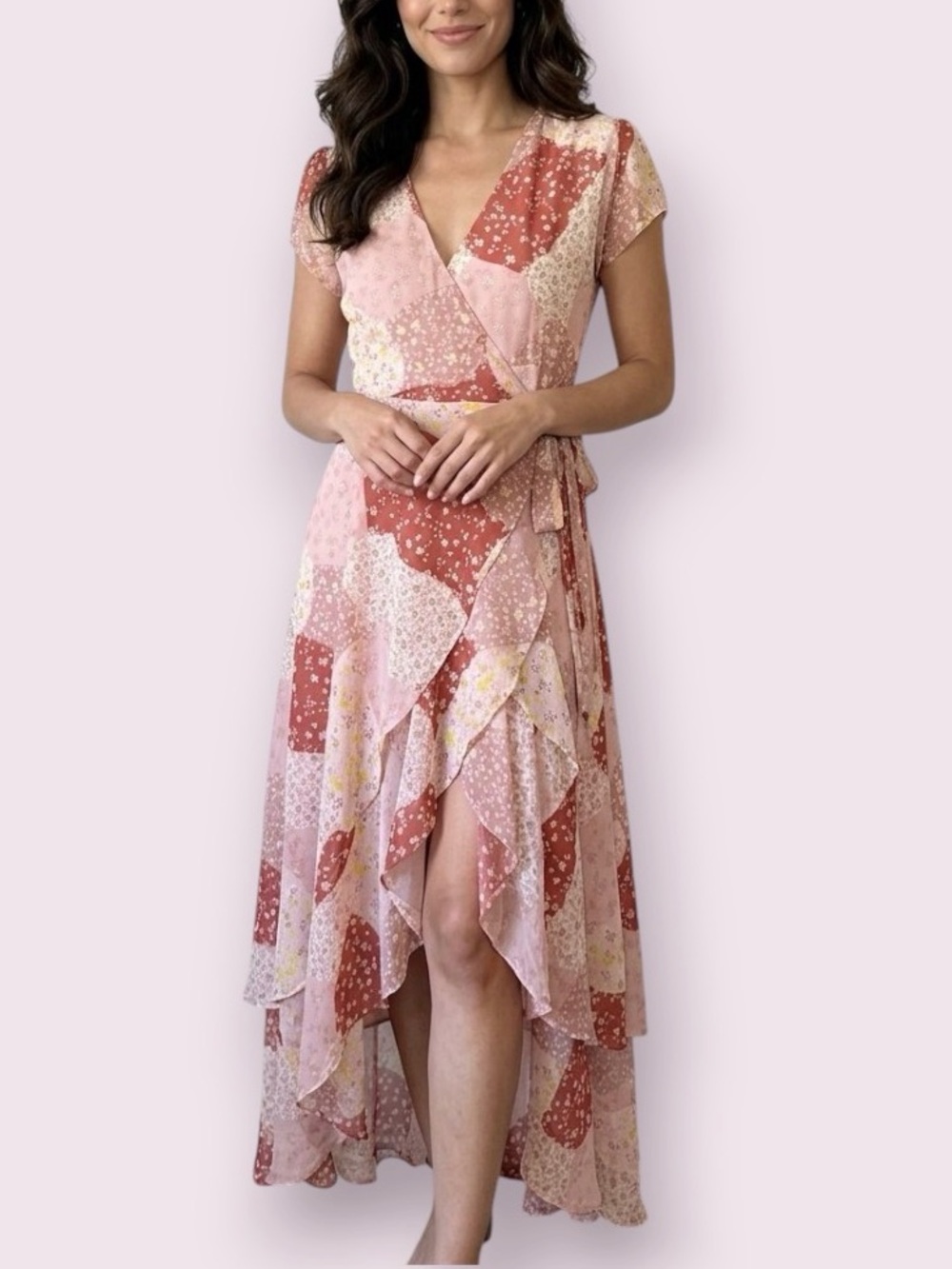 NWT Blue Rain by Francesca's Madonna Pink & Red Patchwork Wrap Dress Size Small